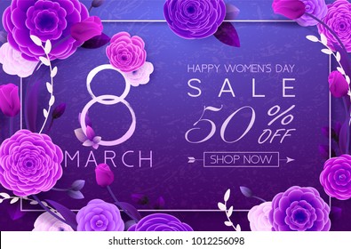 8 March Happy International Women`s Day, trendy Ultra Violet background. Floral Greeting card, Paper cut flowers and leaves, holiday pattern. Paper art Design, drawn vector Template, Banner, decor. 