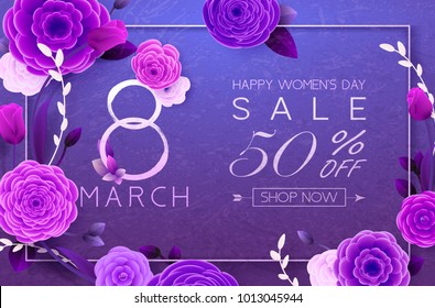 8 March Happy International Women`s Day, trendy Ultra Violet background. Floral Greeting card, Paper cut flowers and leaves, holiday pattern. Paper art Design, drawn vector Template, Banner, decor. 