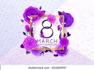 8 March Happy International Women`s Day, trendy Ultra Violet background. Floral Greeting card, Paper cut flowers and leaves, holiday pattern. Paper art Design, drawn vector Template, Banner, decor. 