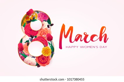 8 March Happy International Women`s Day, trendy background. Floral Greeting card, Paper cut flowers and leaves, holiday pattern. Paper art Design, drawn vector Template, Banner, decor.