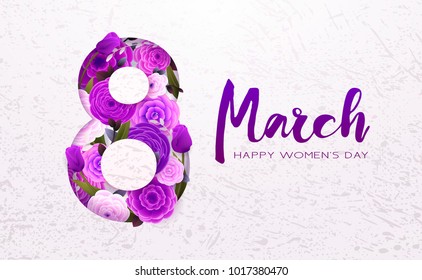 8 March Happy International Women`s Day, trendy background. Floral Greeting card, Paper cut flowers and leaves, holiday pattern. Paper art Design, drawn vector Template, Banner, decor.