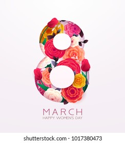 8 March Happy International Women`s Day, trendy background. Floral Greeting card, Paper cut flowers and leaves, holiday pattern. Paper art Design, drawn vector Template, Banner, decor.