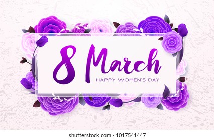 8 March Happy International Women`s Day, trendy Ultra Violet background. Floral Greeting card, Paper cut flowers and leaves, holiday pattern. Paper art Design, drawn vector Template, Banner, decor.