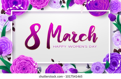 8 March Happy International Women`s Day, trendy Ultra Violet background. Floral Greeting card, Paper cut flowers and leaves, holiday pattern. Paper art Design, drawn vector Template, Banner, decor.