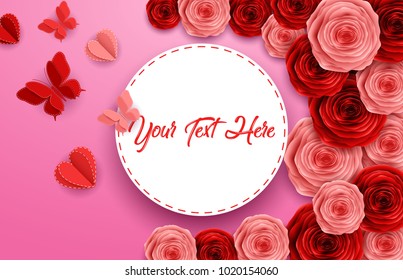 8 March Happy International Women's Day. Paper cut roses flower with butterflies and round frame on pink background