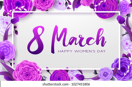 8 March Happy International Women`s Day, trendy Ultra Violet background. Floral Greeting card, Paper cut flowers and leaves, holiday pattern. Paper art Design, drawn vector Template, Banner, decor. 