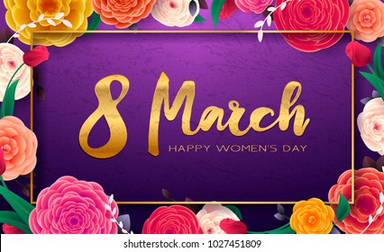 8 March Happy International Women`s Day, trendy Ultra Violet background. Floral Greeting card, Paper cut flowers and leaves, holiday pattern. Paper art Design, drawn vector Template, Banner, decor. 