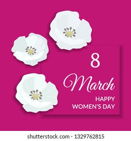 8 March Happy international womens day Greeting Card design. White text on bright pink frame and pink background with white wild brier rose flower blossom. Vector eps10 illustrtion