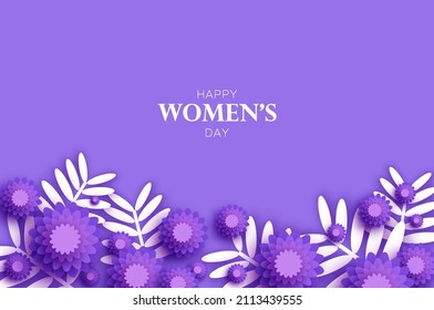 8 March. Happy International Womens day. Mixed white Paper cut spring flowers, tropical leaves. Space for text. Trendy very peri color . Mothers Day. Happy holidays.