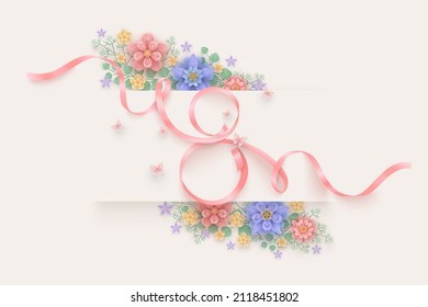 8 March Happy international Women's day greeting card. Ribbon in shape 8, layered beautiful flowers and butterflies in paper cut style on a light backdrop