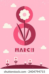 8 March, Happy International Women's Day retro, vintage vector greeting card. Simple spring stylized flowers, sky with clouds. Flat minimalist geometric style. Removable grain scuffed paper texture. 