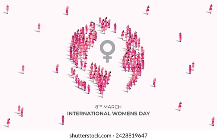 8 March happy international womens day concept. A large group of people in pink form to create globe sign. Vector Illustration.