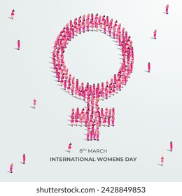 8 de marzo feliz concepto del día internacional de la mujer. Un gran grupo de personas en forma rosa para crear signo de mujer o mujer. Ilustración vectorial.