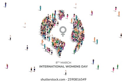 8 March happy international women's day concept. A large group of different professional women form to` create globe sign. Feminism. Women's equality day and women's empowerment.  Vector Illustration.