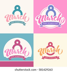 8 march happy international womens day lettering isolated website flat icon. Women holiday vector label set