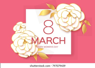 8 March. Happy Mother s Day. Pink White Paper cut Peony Floral Greeting card. Origami flower.Happy Women s Day. Text. Spring blossom.Seasonal holiday on pink .Modern paper decoration