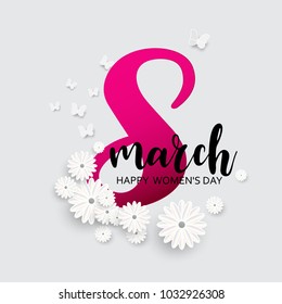 8 March. Happy Mother's Day. Paper cut Butterfly with flower holiday background