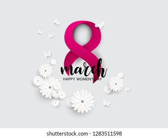 8 March. Happy Mother's Day. Paper cut Butterfly with flower holiday background - Vector