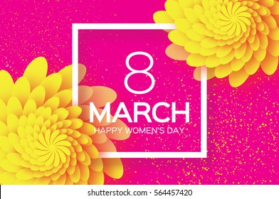 8 March. Happy Mother's Day. Yellow Paper cut Floral Greeting card. Origami flower holiday background. Square Frame, space for text. Happy Women's Day. Trendy Design Template. Vector illustration