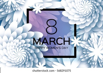 8 March. Happy Mother's Day. Blue Paper cut Floral Greeting card. Origami flower holiday background. Square Frame, space for text. Happy Women's Day. Trendy Design Template. Vector illustration