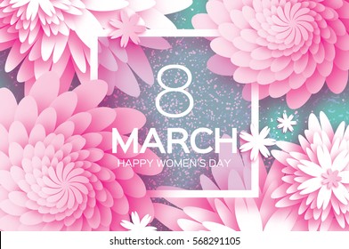 8 March. Happy Mother's Day. Pink white Paper cut Floral Greeting card. Origami flower holiday background. Square Frame, space for text. Happy Women's Day. Trendy Design Template. Vector illustration