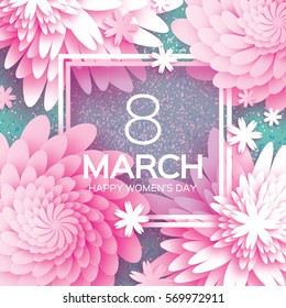 8 March. Happy Mother's Day. Pink Paper cut Floral Greeting card. Origami flower holiday background. Square Frame, space for text. Happy Women's Day. Trendy Design Template. Vector illustration