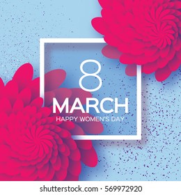 8 March. Happy Mother's Day. Pink Paper cut Floral Greeting card. Origami flower holiday background. Square Frame, space for text. Happy Women's Day. Trendy Design Template. Vector illustration