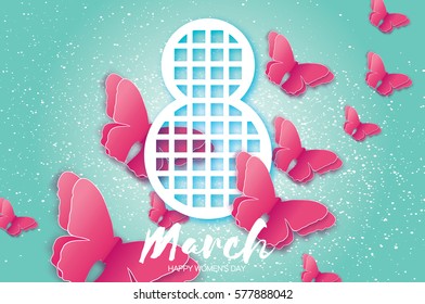 8 March. Happy Mother's Day. Paper cut Pink Wild Butterfly and Eight. Beautiful Origami insect holiday background. Nature Greeting card. Happy Women's Day. Rectangle frame. Vector illustration