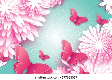 8 March. Happy Mother's Day. Paper cut Butterfly with Origami flower holiday background. Floral Greeting card. Happy Women's Day. Vector illustration