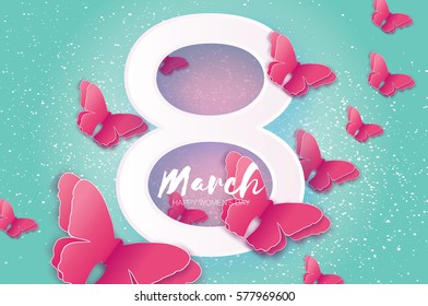 8 March. Happy Mother's Day. Paper cut Pink Wild Butterfly and white Eight. Beautiful Origami insect holiday background. Nature Greeting card. Happy Women's Day. Vector illustration