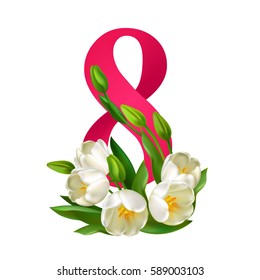 8 March. Happy Mother's Day. Floral Greeting card. Tulip flower holiday background. Trendy Design Template. Bouquet of white tulips. Vector illustration. Springtime.