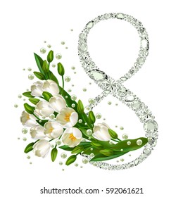 8 March. Happy Mother's Day. Floral Greeting card. Greeting card to Women's Day. Happy Women's day. Vector realistic tulip flowers. Bouquet of white tulips.