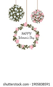 8 march. Happy Woman s Day. Vector minimalistic congratulation card with floral wreath and hanging balloons from bouquets of flowers on white background.