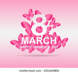 8 march. Happy Woman's Day. Card design  with paper art pink butterflies, pink background .Vector 