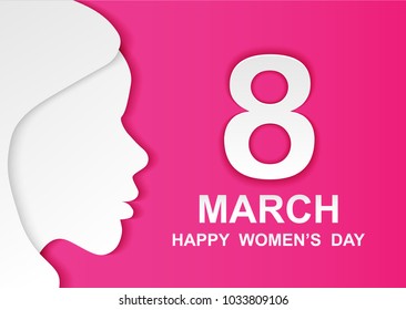 
8 march. Happy Woman's Day. Card design with paper art head women outline, pink background .Vector