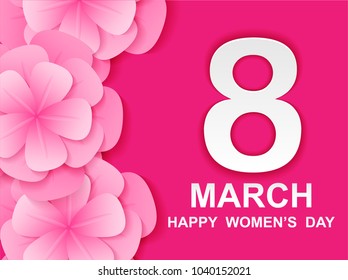 8 march. Happy Woman's Day. Card design  with paper art and pink flowers, pink-white background .Vector