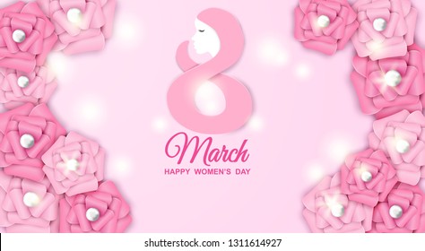 8 march. Happy Woman's Day background. Design with flower, paper art  .Vector.