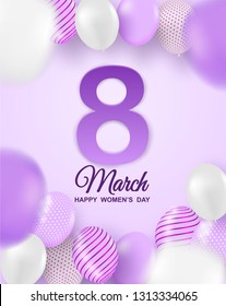 8 march. Happy Woman's Day background.  Design with balloons on pink background. Vector.
