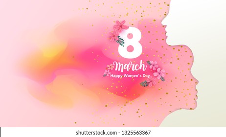 8 march. Happy Woman's Day. Silhouette of a woman with pink watercolor background. Vector illustration EPS10