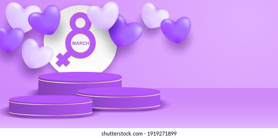 8 march. Happy Woman's Day theme product display podium. Design with heart and butterflies on purple background. paper art. Vector.