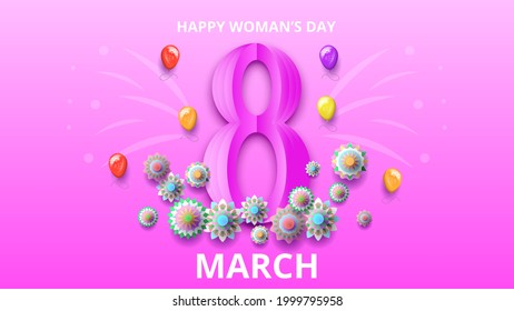 8 March Happy Woman's Day Greeting Flowers Background. Vector Design Banner Party Invitation Web Poster Flyer Stylish Brochure, Greeting Card Template
