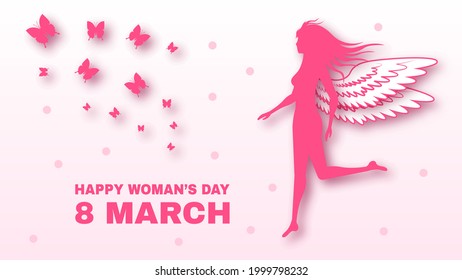 8 de marzo Feliz Día de la Mujer Saludando a la mujer con antecedentes de alas y mariposas. Diseño de vectores Banner Party Invitación Web Afiche Folleto Elegante, Plantilla de Tarjeta de Saludo