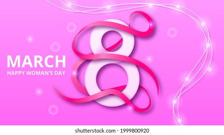 8 March Happy Woman's Day Greeting Ribbon Garland Background. Vector Design Banner Party Invitation Web Poster Flyer Stylish Brochure, Greeting Card Template