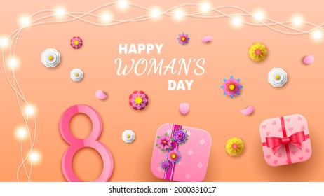 8 March Happy Woman's Day Greeting Flowers Gifts Garland Background. Vector Design Banner Party Invitation Web Poster Flyer Stylish Brochure, Greeting Card Template