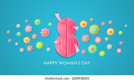 8 March Happy Woman's Day Greeting Flowers Background. Vector Design Banner Party Invitation Web Poster Flyer Stylish Brochure, Greeting Card Template