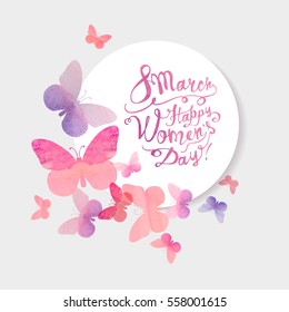 8 march. Happy Woman's Day! Vector congratulation card with pink watercolor butterflies