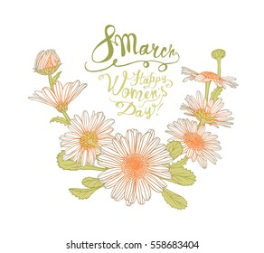 8 march. Happy Woman's Day! Vector congratulation card with chamomile flowers