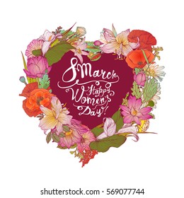 8 march. Happy Woman's Day! Vector congratulation card with floral wreath in shape of heart