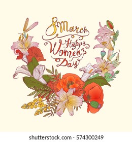 8 march. Happy Woman's Day! Vector congratulation card with flowers