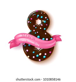 8 march happy women day realistic chocolate doughnut with ribbon card template. Sweet delicious tasty dessert with sprinkles for vector greeting celebration holiday invitation event banner isolated
